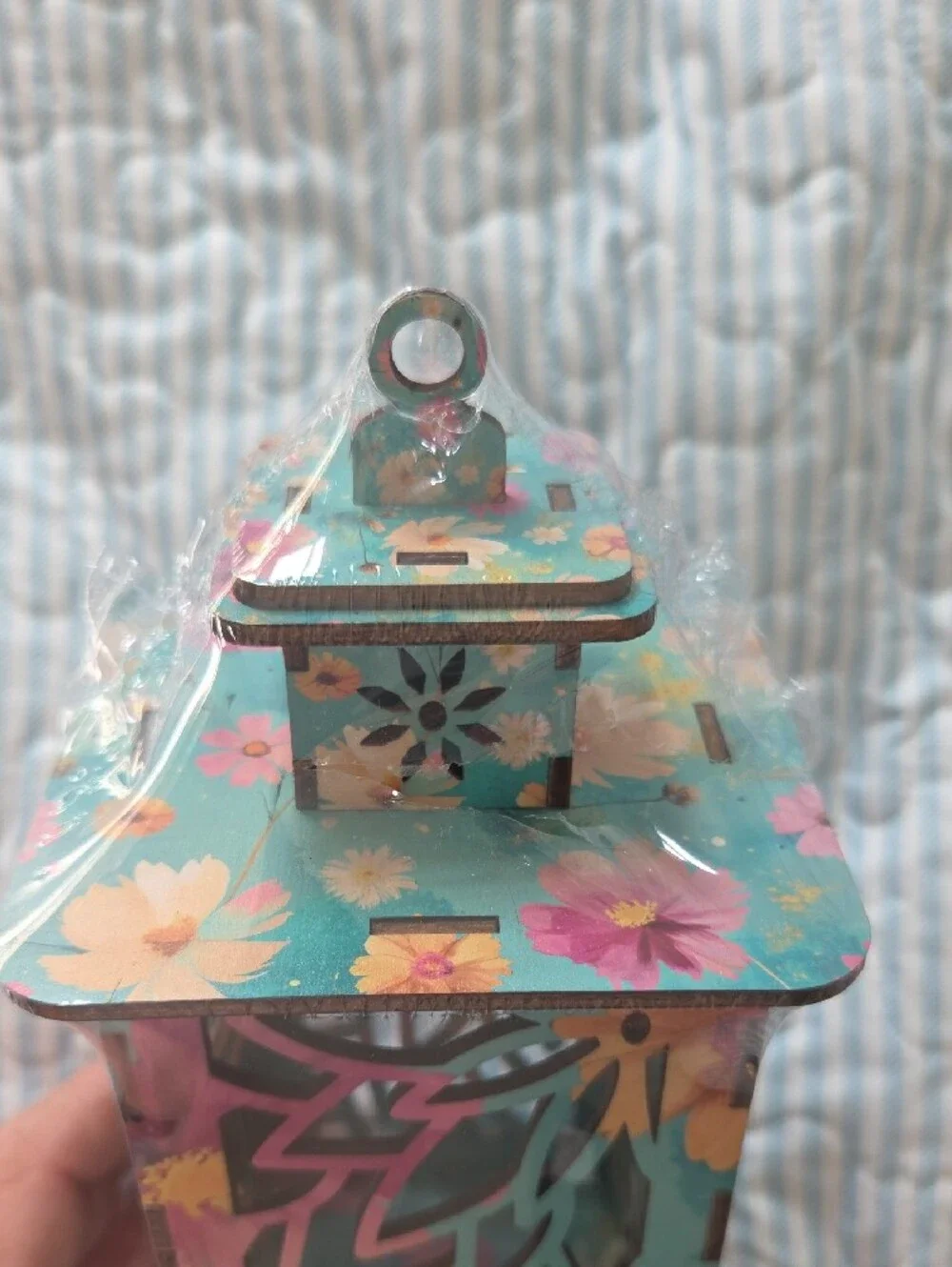 Decorative Turquoise Floral Carved Wooden Lantern